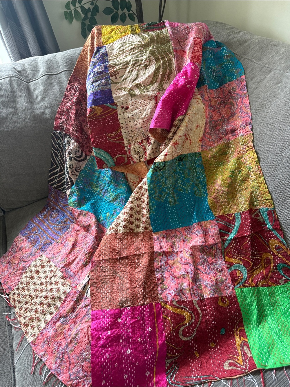 Bohemian Patchwork Kantha silk scarf Multicolor